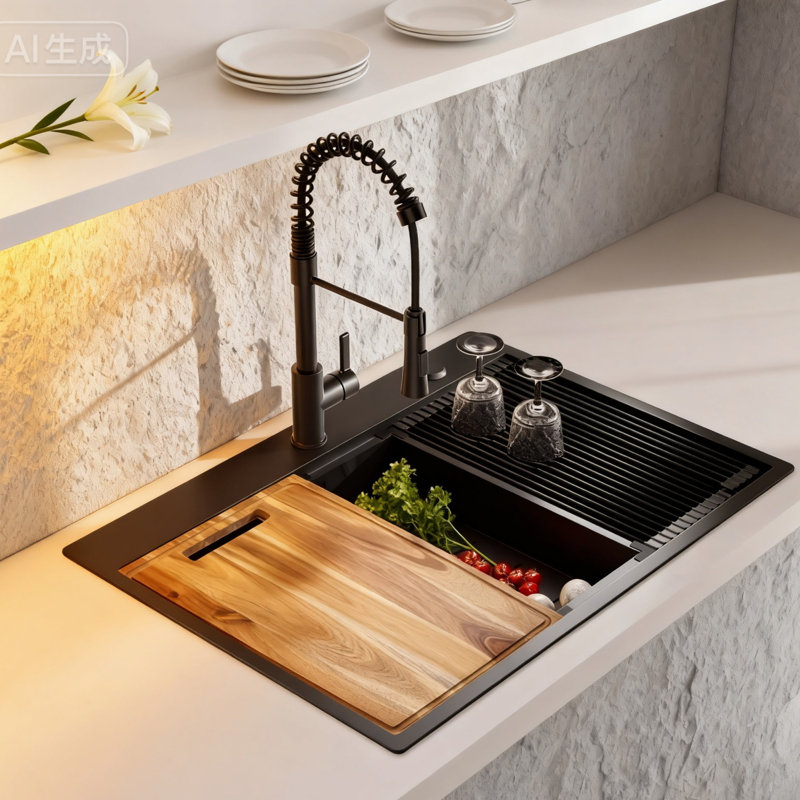 Évier de cuisine encastré à cuve simple en acier inoxydable de calibre 18 noir avec robinet à ressort et accessoires 33 pouces