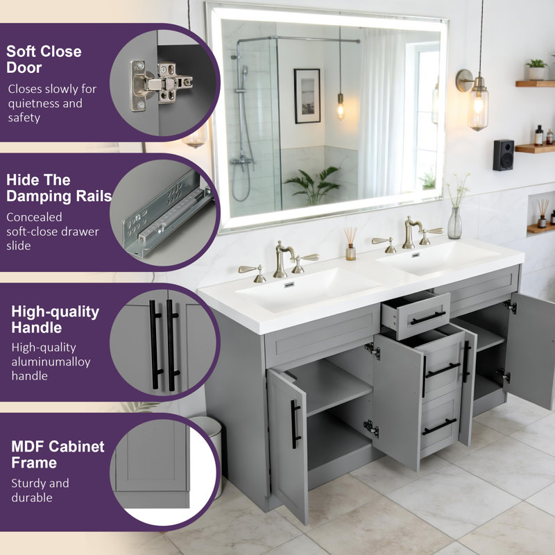 Contemporary 59.3 Inch Double Sink Bathroom Vanity With Smc Top, Mdf Cabinet, Solid Wood Frame, Soft Close Doors, Gray