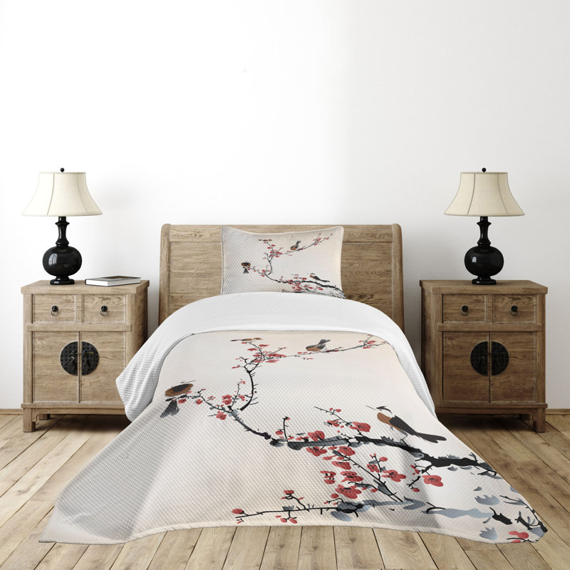 Ambesonne Tree Bedspread Oriental Illustration, Twin Bedspread + 1 Standard Sham