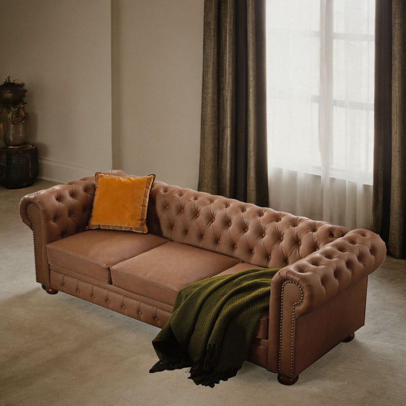 Canapé Chesterfield en similicuir à accoudoirs roulés de 89 po Kiryak, Similicuir brun