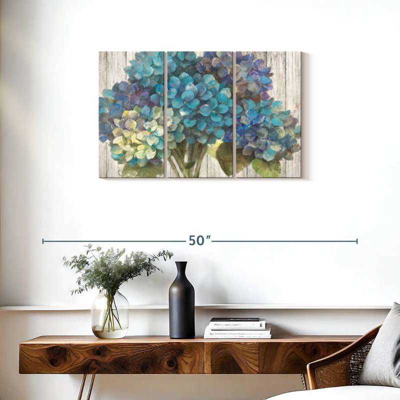 Harnek Turquoise Hydrangea On Barn Board, 20" H x 33" W