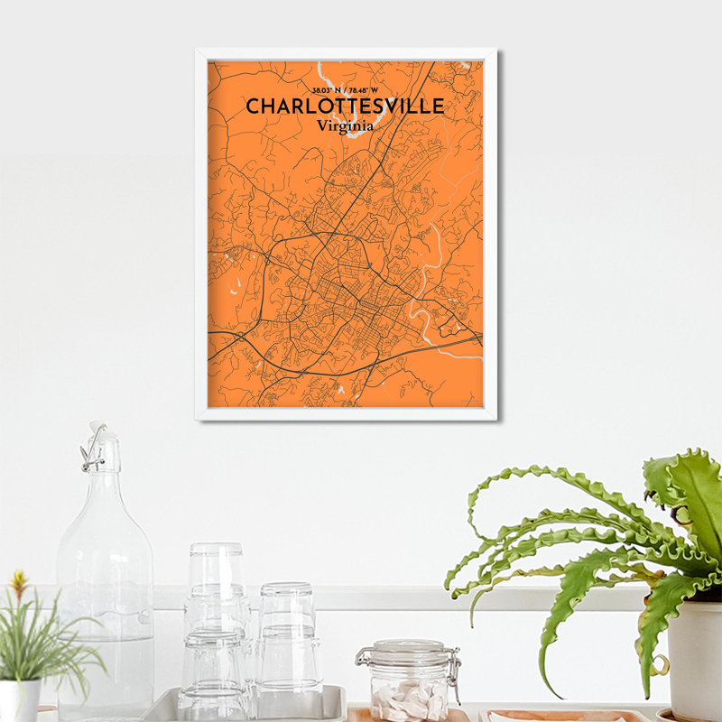 Charlottesville, carte de la ville, impression graphique, H 20 po x l 16 po x P 0,05 po, Orange / gris