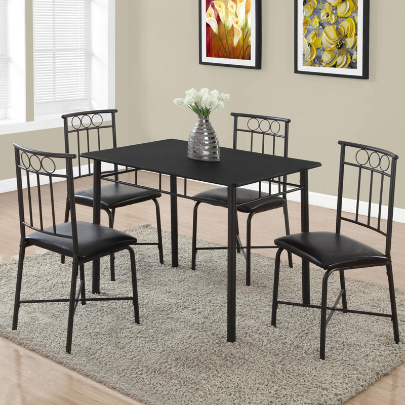 Black Metal and Leather-Look Casual Dining Set with 4 Chairs
