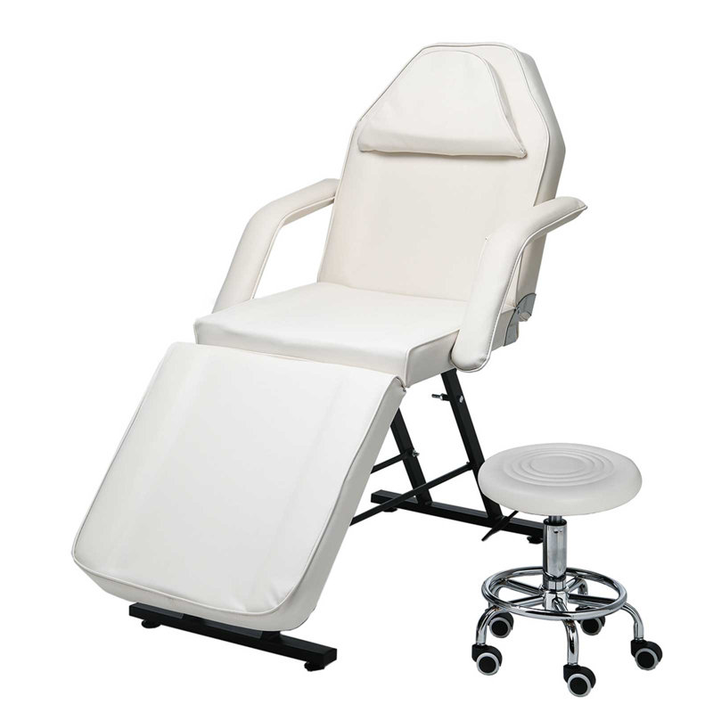 Adjustable Massage Table, Beauty Spa Facial Salon Tattoo Massage Bed with Stool, White
