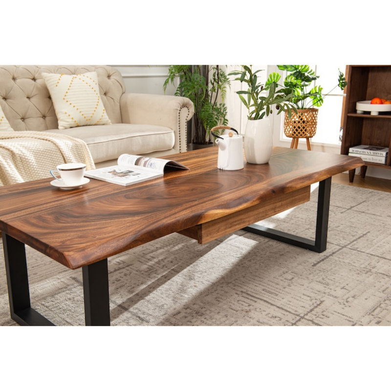  Live Edge Coffee Table with U Shaped Legs and South American Walnut, with Drawer Storage, 17.5" H x 58" L x 28" W