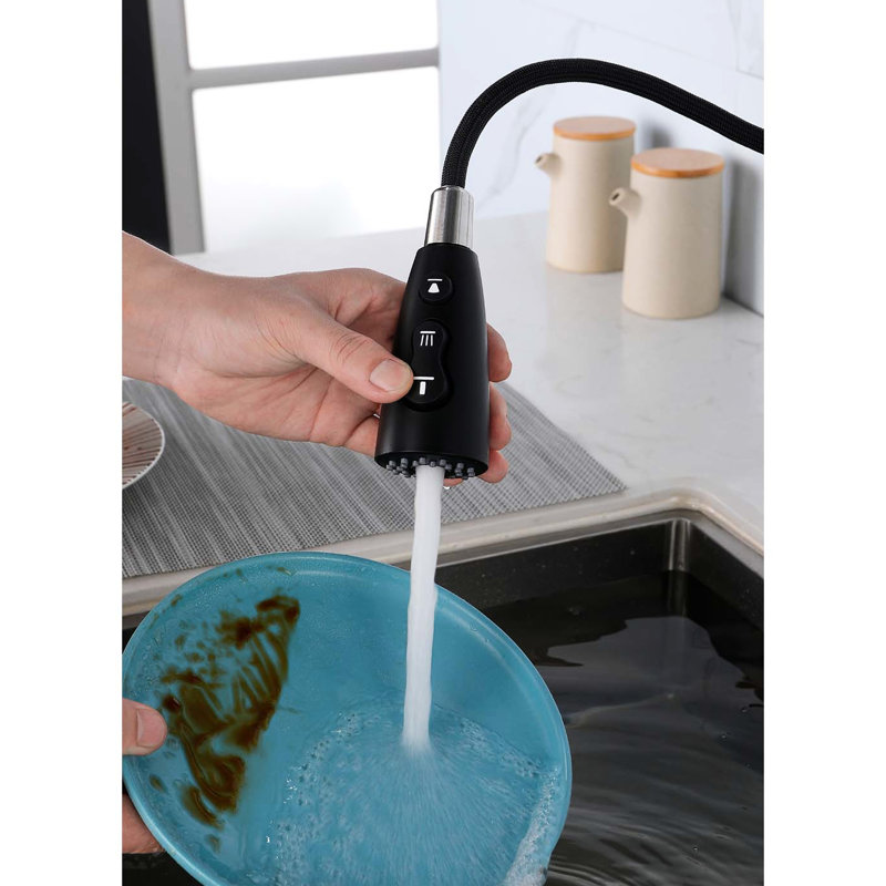 Robinet d'évier de cuisine rétractable à poignée simple en acier inoxydable, colorant noir mat, buse à grande arche rotative à 360 °, trois options de débit d'eau, jet, température et débit faciles