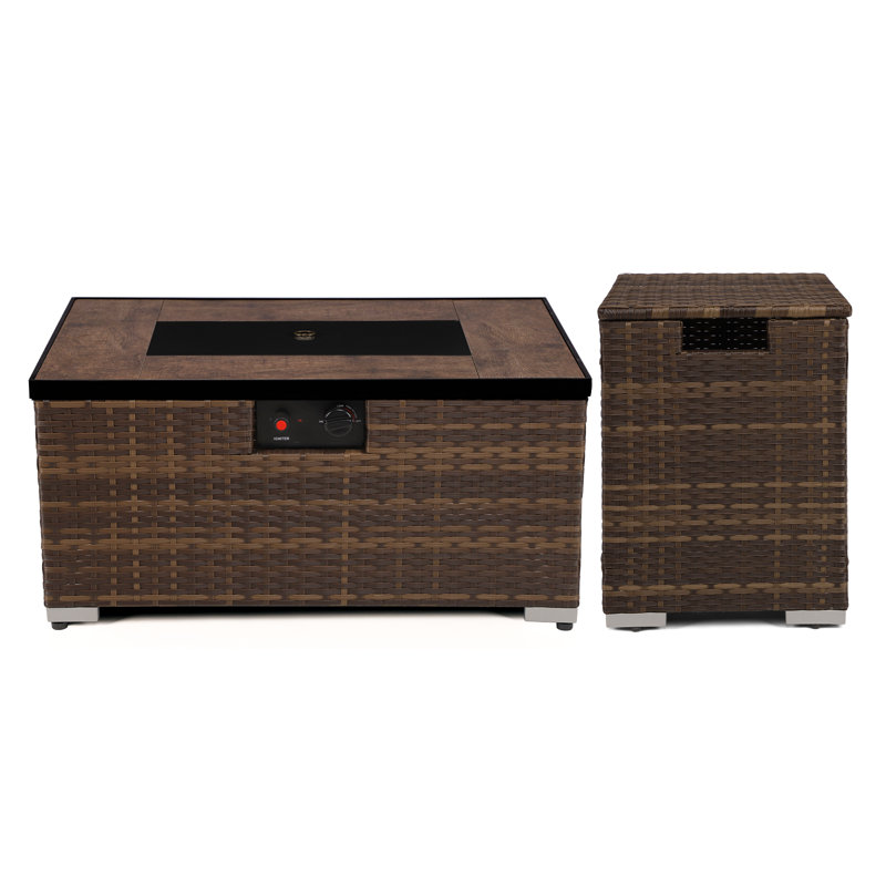 Outdoor Propane Fire Pit Table, 40,000 BTU Rectangle Handmade Rattan Wicker Fire Table Ceramic Tabletop with Steel Lid