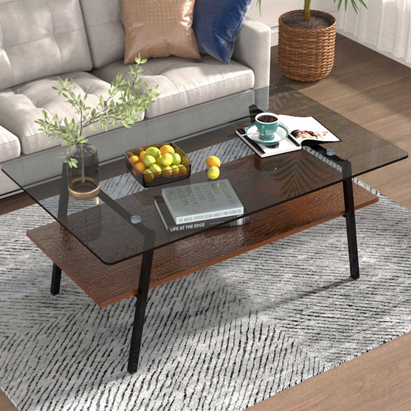 Table basse rectangulaire avec plateau en verre trempé et pieds en métal noir moderne, Noir, Gris