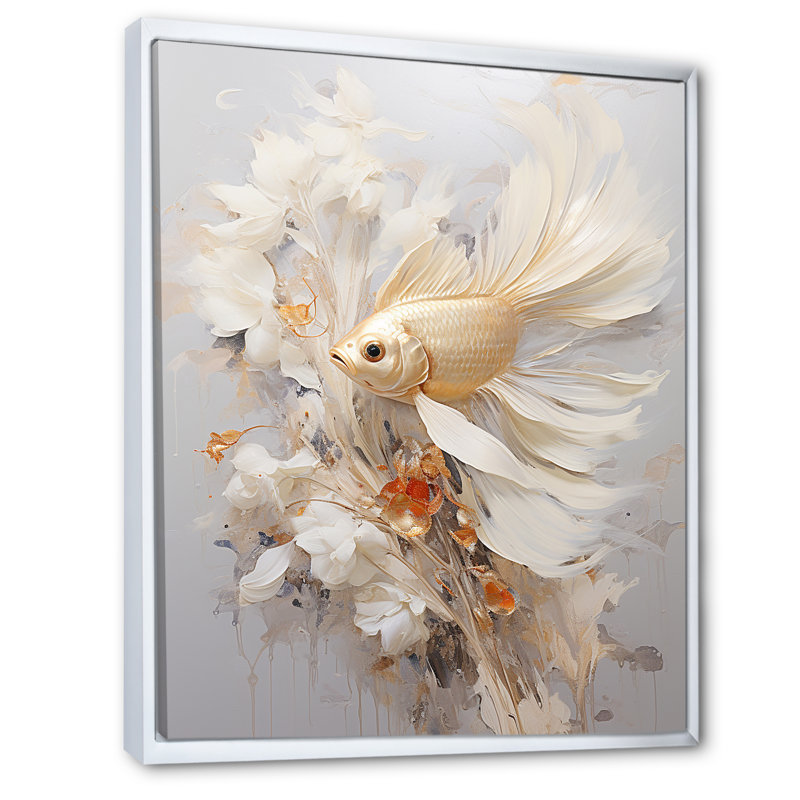 Poisson doré et longues queues sur toile, H 20 po x l 12 po x P 1 po, Cadre flottant blanc