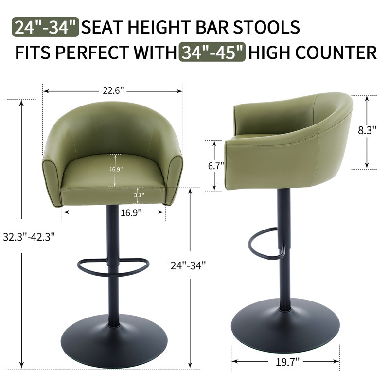Tabourets de bar pivotants à hauteur réglable avec dossier et accoudoirs (ensemble de 2), Vert, 2