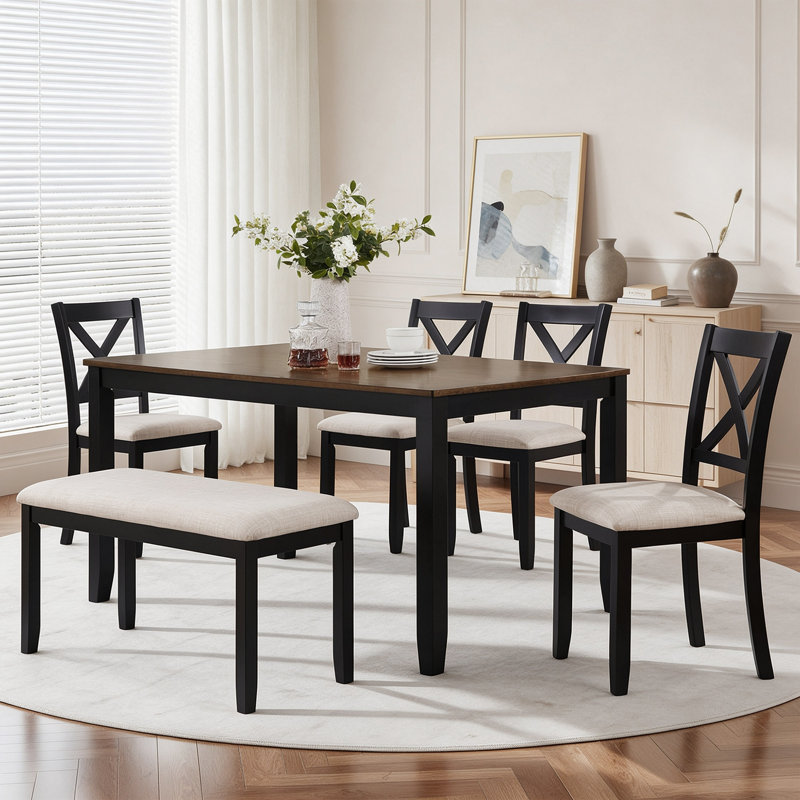 Ensemble de salle à manger rectangulaire de style ferme 6 pièces, table à manger bicolore en bois, 4 chaises noires à dossier en X en tissu et 1 banc rembourré