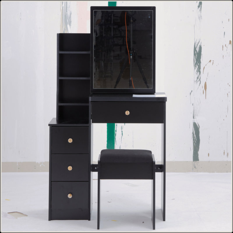 Petite table de coiffeuse avec tabouret de chevet gauche + tabouret rembourré, très grand miroir coulissant, multi-couches, commode de rangement haute capacité, convient aux petits espaces, certificat EPA, GCC, UL