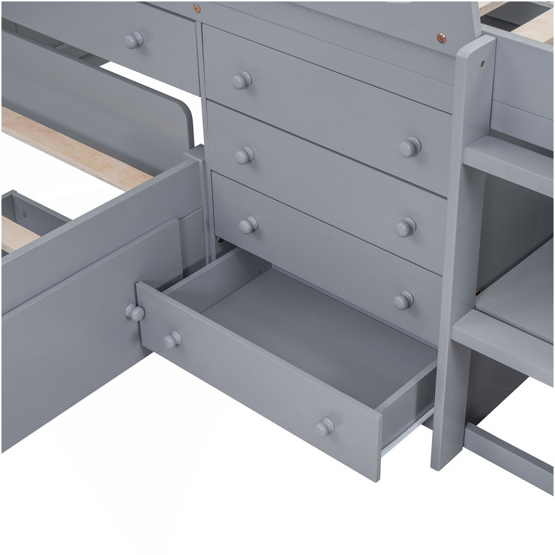 Lit mezzanine simple en L et lit plateforme simple avec 7 tiroirs et garde-corps complets en L (gris)
