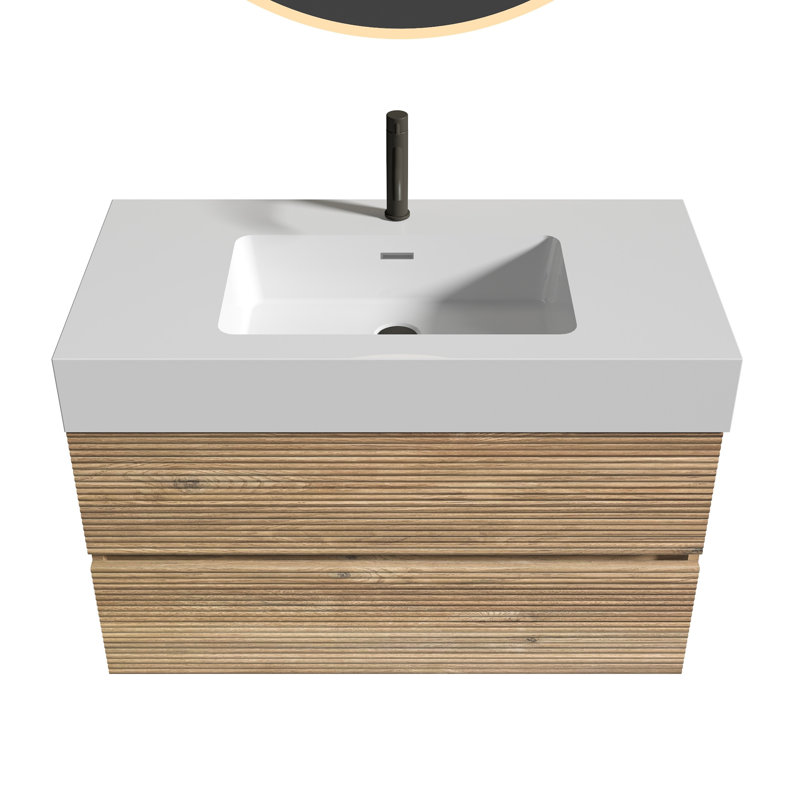 Meuble-lavabo en chêne brut + chêne brut 36 "avec lavabo en quartz blanc et tiroirs souples Grace, meuble-lavabo mural flottant pour salle de bain moderne, lavabo blanc une pièce