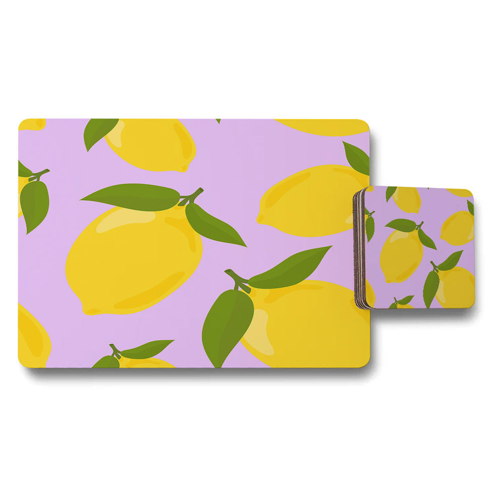 Lemon Pattern Placemat and Coaster Set on Lavender Background