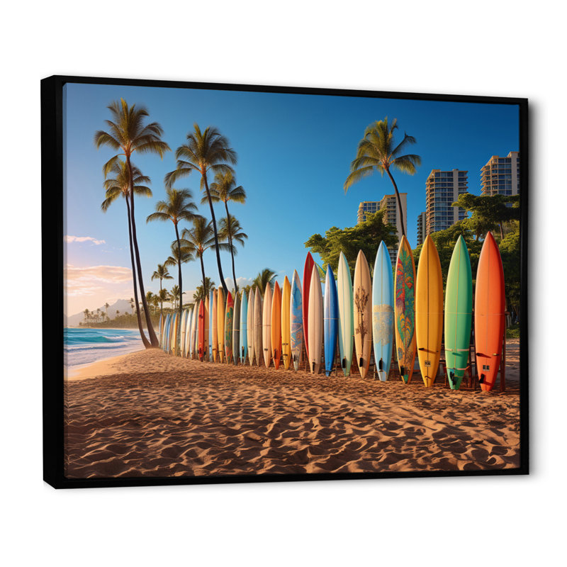 Truitts Hawaii Surfers Paradise - Art mural d'Hawaï, H 30 po x l 40 po x P 1,5 po, Cadre flottant noir