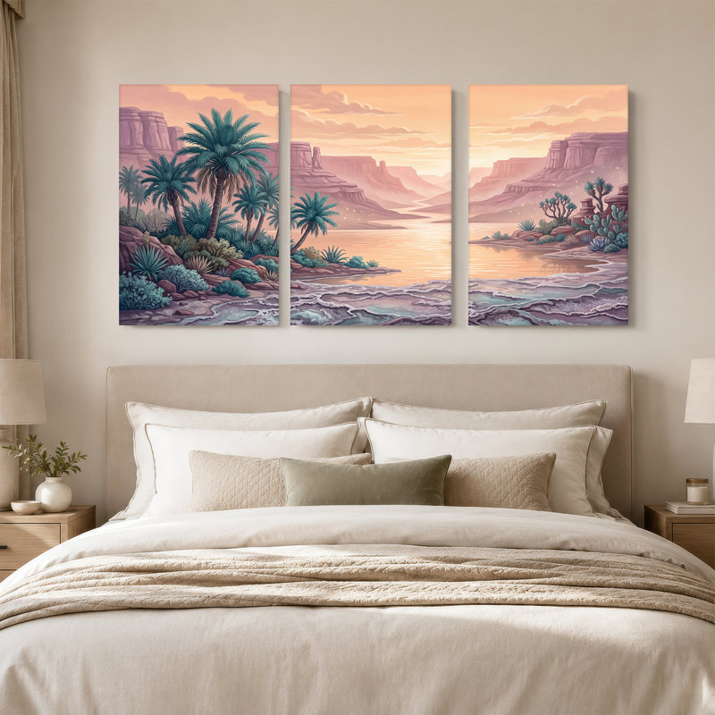 "Desert River Canyon" avec palmiers et ensemble de 3 toiles orange, 24"H x 16"W x 3pcs