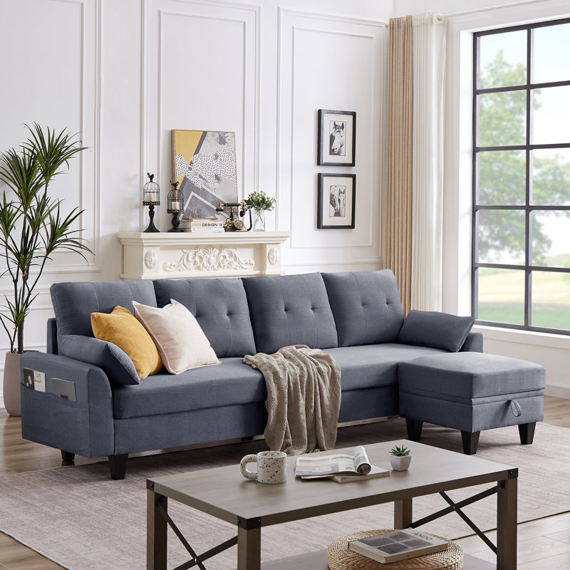 Linnzi 101'' Upholstered Sectional Sofa With Storage Ottoman, Light Gray