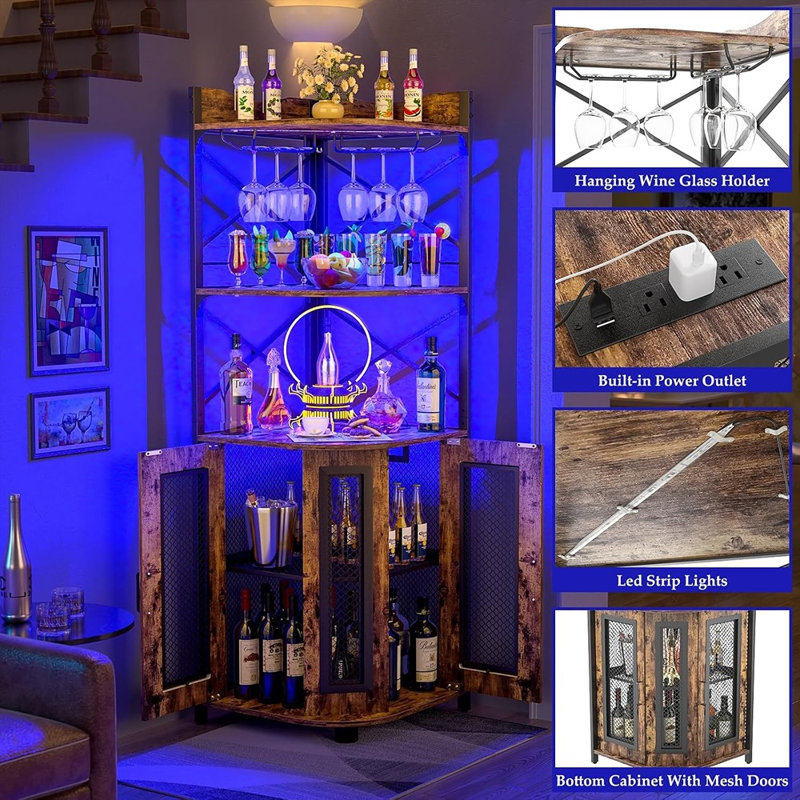 Meuble-bar de coin avec prise électrique, meuble de rangement pour bouteilles et spiritueux à 5 niveaux avec éclairage DEL et porte-verres, brun rustique