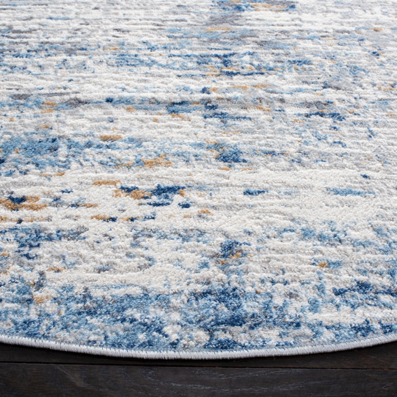 Adalee Abstract Ivory/Blue Area Rug, Round 6'7"