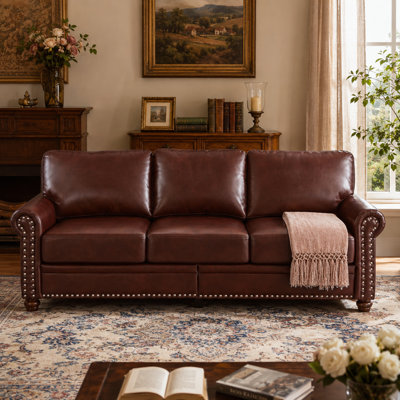 Canapé Varlune 82,65 po en similicuir avec rangement, canapé classique 3 places avec accoudoirs arrondis, garniture cloutée argentée, boîtes de rangement amovibles, pieds en bois massif et capacité de charge de 408 kg (900 lb).