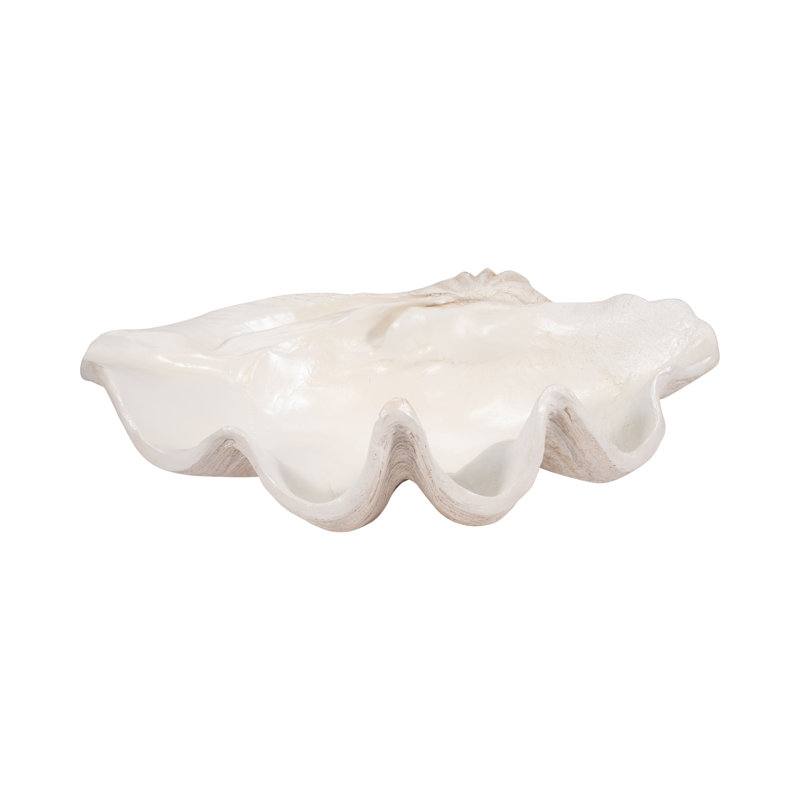 Bequette Resin Polyresin Coastal Decorative Clam Shell Bowl with Sculptural Wavy Rim - Elegant Modern Accent Bowl for Display or Storage - Stylish Textured Centerpiece for Home Decor