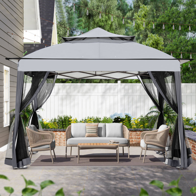 Extérieur 11 pi. L 11 pi. D Pavillon de jardin escamotable en métal, Gris foncé