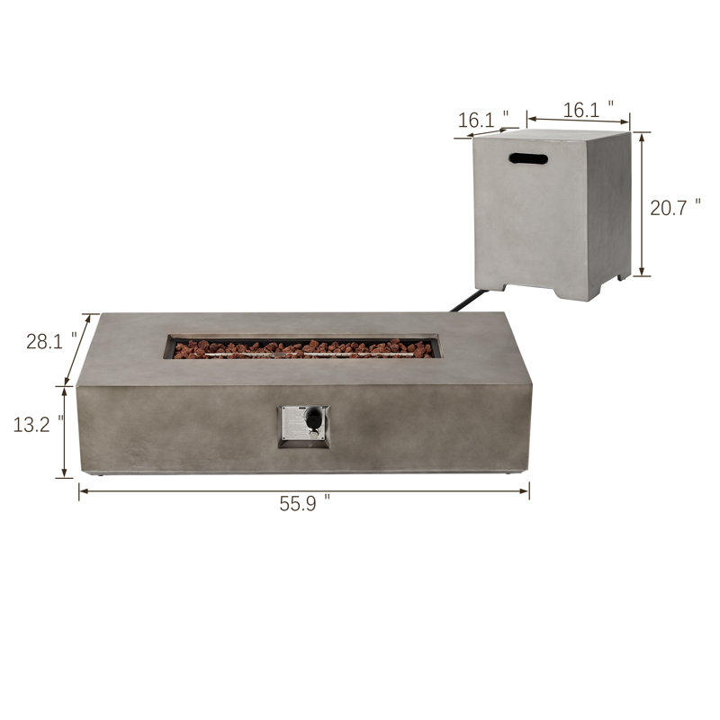Table rectangulaire 56 po pour foyer d'extérieur au propane en béton avec couvercle de réservoir de propane, Gris