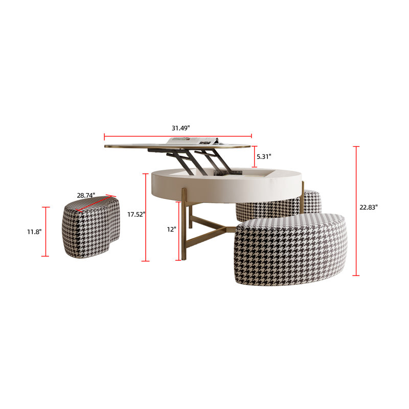 Eryka Countertop Lift Sintered Stone Coffee Table With Hide Storage,3 Stools,Stainless Steel Legs