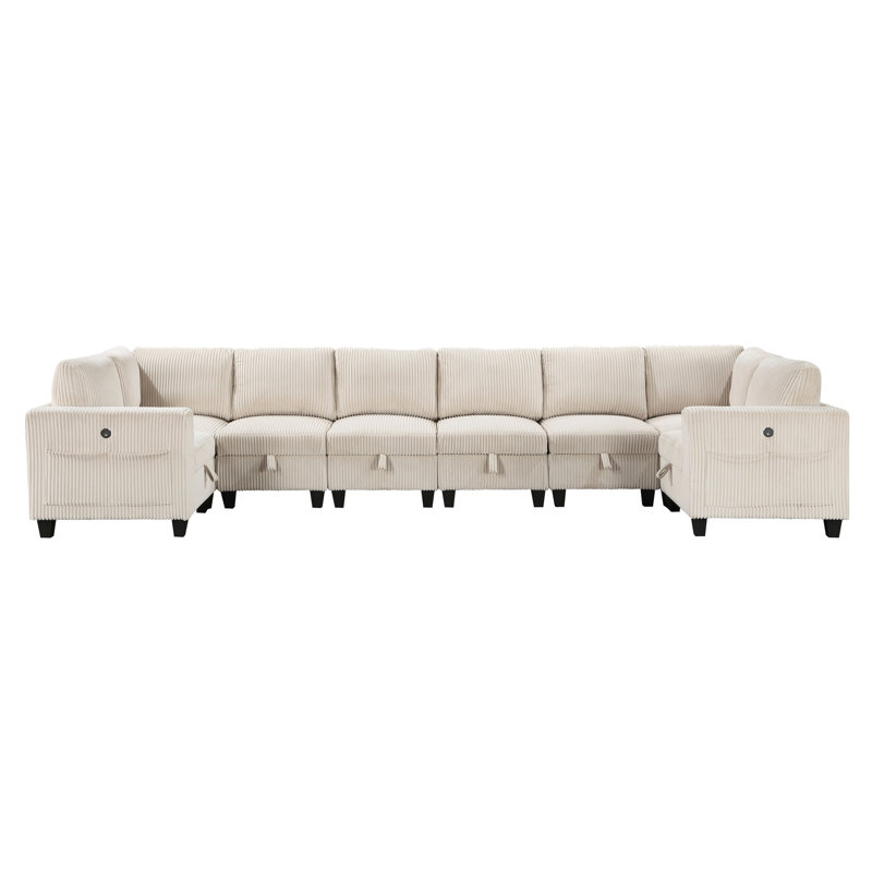 Beige Corduroy 8 Sectional With Storage Seats, Side Pockets, Charging Ports & Solid Wood Storage, Fabric