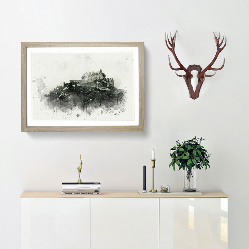 Edinburgh Castle in Scotland in Abstract - Picture Frame Painting Print, 62cm H x 87cm W x 2cm D, Oak Framed