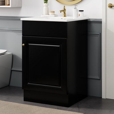 Meuble-lavabo de 20 po avec lavabo en céramique, noir. Armoire de rangement. Surface lisse. Tablette de porte et tablette réglable. Meuble-lavabo à charnière noir. Lavabo et revêtement imperméable. Silencieux