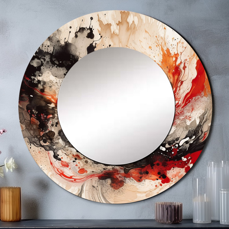 Red Black Chromatic Agate II - Abstract Decorative Wall Mirror, Red Round Mirror, Printed Metal Art, 29" x 29"