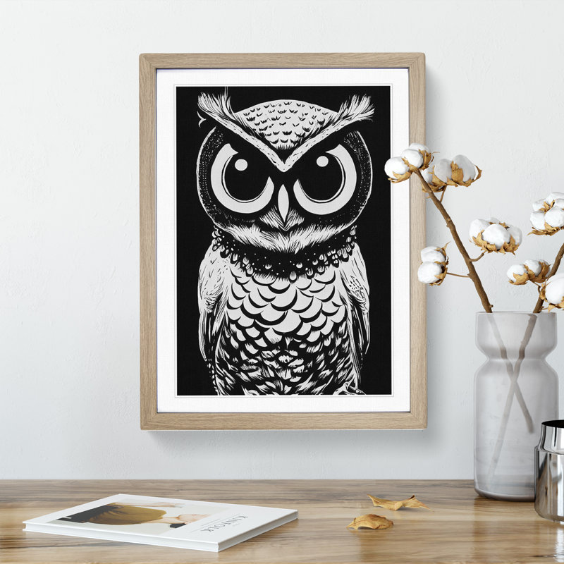 Monochrome Owl No.3 - Framed Print, 34cm H x 25cm W x 2cm D, Oak