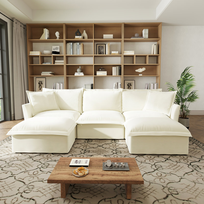U-Shaped Sectional Sofa W/Reversible Footrest, 5-Seater Convertible Corner Couch With 2 Ottomans ,Modern Minimalist Soft Sofa & Couch For Living Room