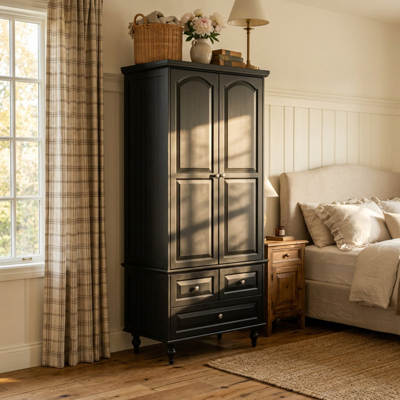 Armoire-penderie autoportante en bois avec 3 tiroirs Talisha, Noir, noir, noir, noir