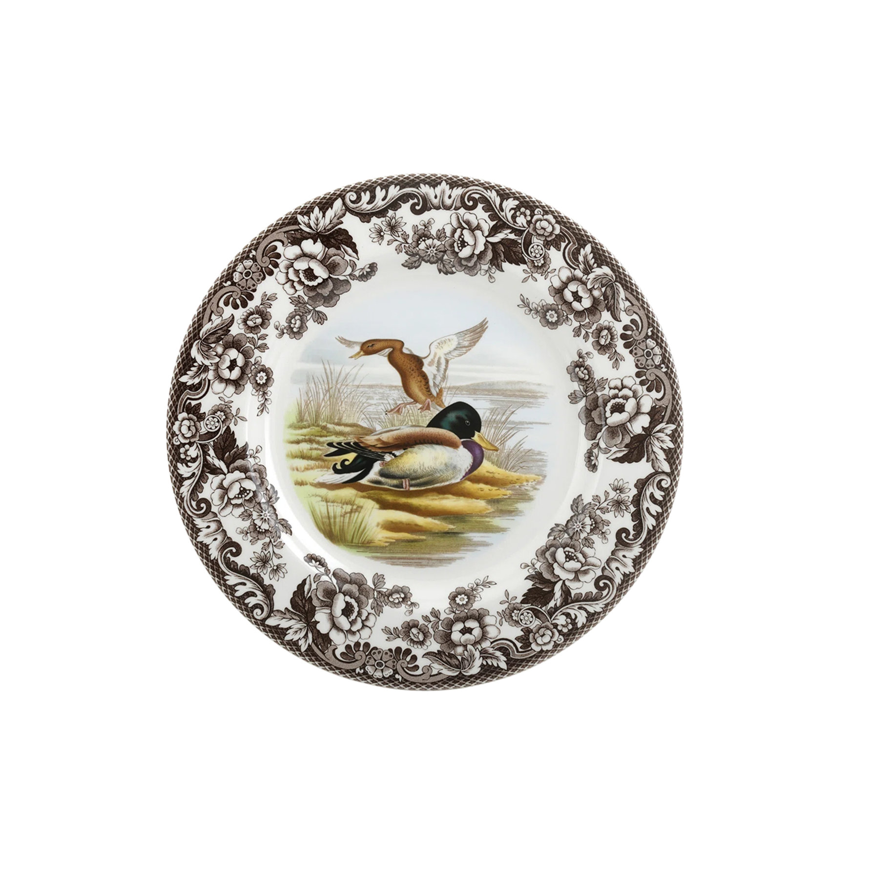 White porcelain dinner plate featuring a central mallard duck illustration surrounded by an intricate brown floral transferware rim.