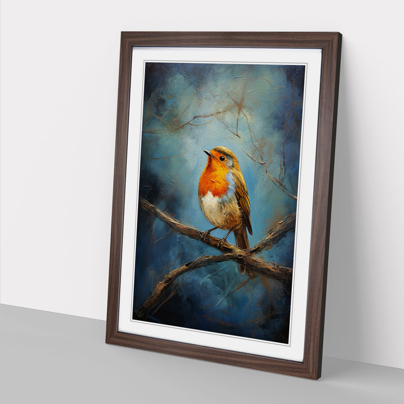Robin Bird Expressionism No.2 - Single Picture Frame Print on Wood, 46cm H x 34cm W x 2cm D, Walnut