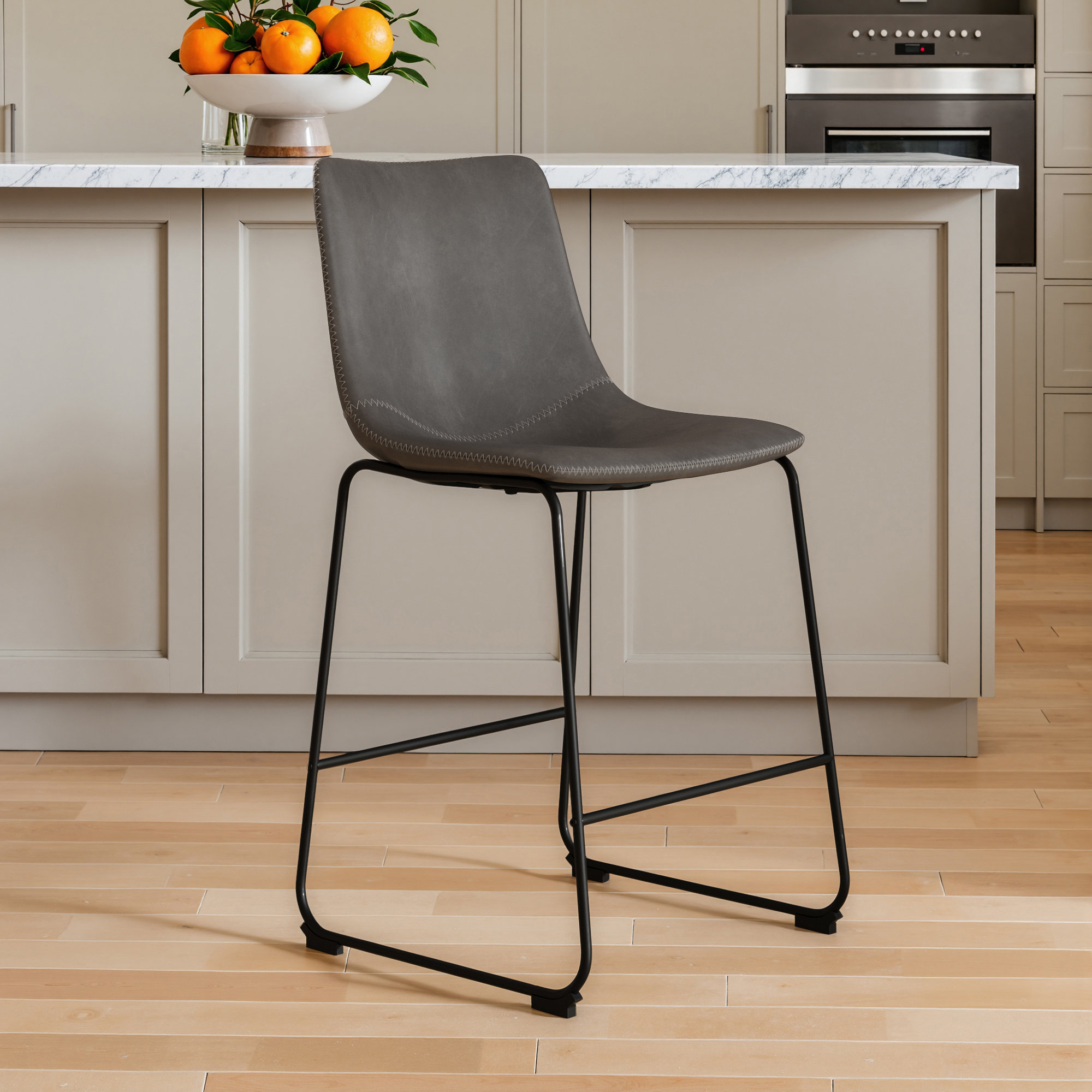 Nia Vegan Leather Bar & Counter Stool, Gray, Black, Counter Stool (24" Seat Height)