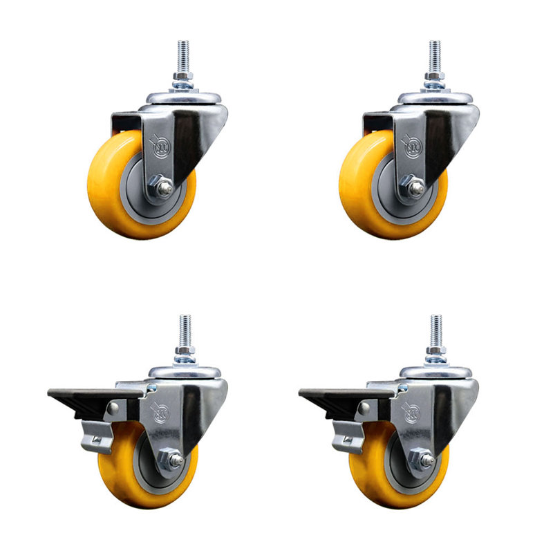 Ensemble de roulettes à tige filetée 3 pouces en polyuréthane 12 mm 2 freins SCC, Jaune