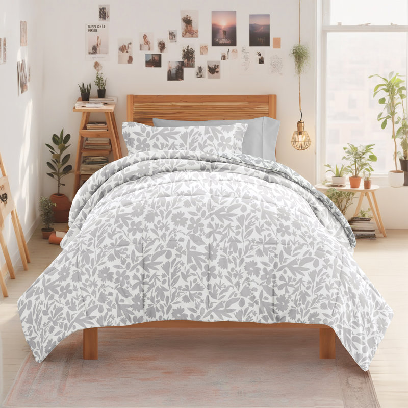 8-PC College Dorm Twin XL Bedding Bundle - Comforter Set, Sheet Set, Pillows and Laundry Bag, Abstract Garden Light Grey