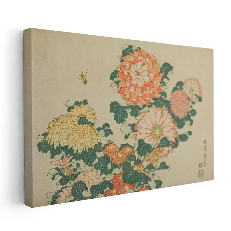 Abeille et chrysanthèmes - reproduction d'art sur toile, H 12 po x l 18 po