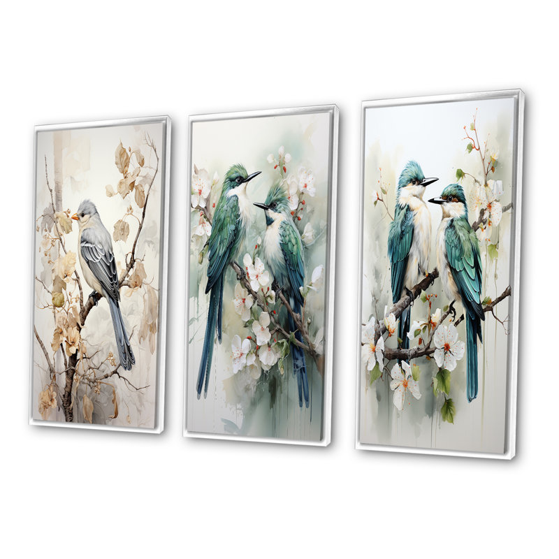 «Bird Silent Watcher», 3 pièces sur toile, Cadre blanc, H 40 po x l 60 po