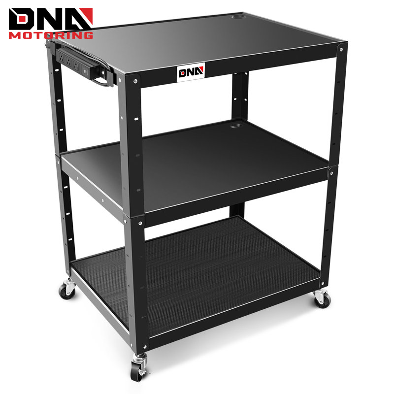 Adjustable Black Steel 3-Shelf Rolling Utility AV Cart
