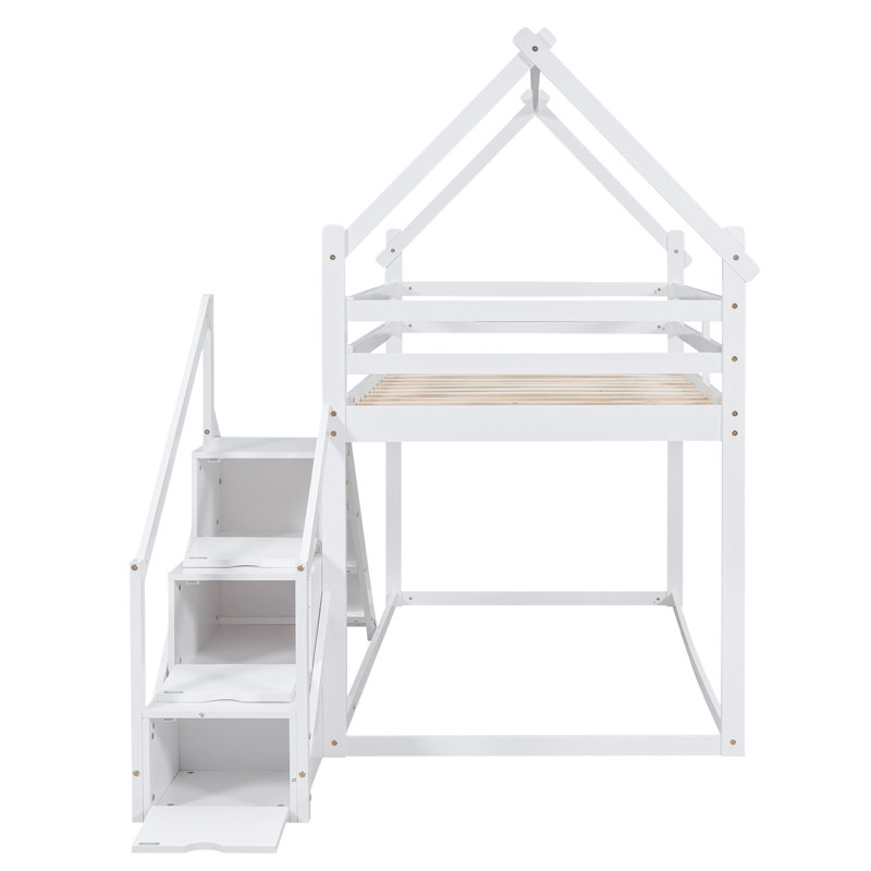 Lit simple mezzanine ou superposé avec glissade et escalier, Blanc