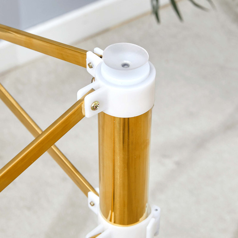 Table ronde transparente en verre trempé avec pieds réglables en métal doré, support télescopique, stabilité de la ventouse et conception pliable pour économiser de l'espace.