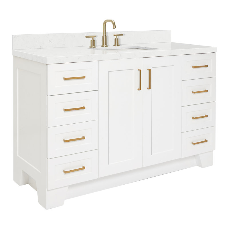 Ensemble de meuble-lavabo simple en bois massif 54 po blanc Freitas avec comptoir en quartz blanc Carrara de 1,5 po, centre, lavabo rectangulaire