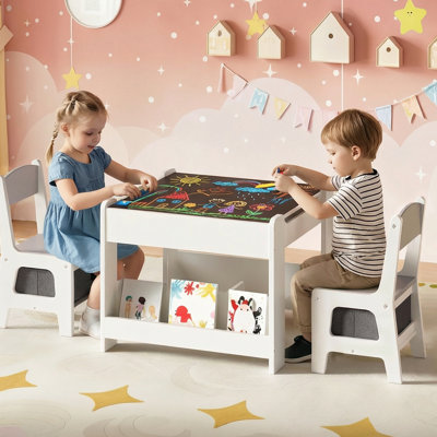 Kids Table And Chair Set, 4 In 1 Wooden Children Activity Table W/storage, Reversible Deskboard, Blackboard, Detachable Tabletop For Toddlers Art Crafts, Playroom