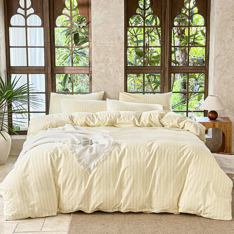 DONEUS Striped Duvet Cover Set 100% Washed Cotton Linen Like Soft Feelling Breathable Bedding, Yellow/White