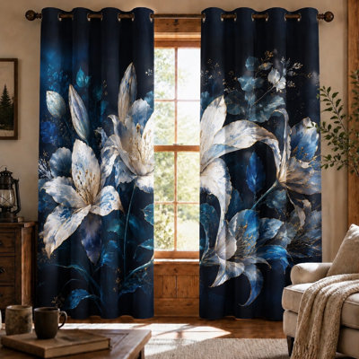 2Pcs Dark Blue Floral Lily Print Sun Blocking Curtains, Artistic Flower Pattern Thermal Insulated Light Blocking for Living Room Bedroom Home Decor for Home Dector